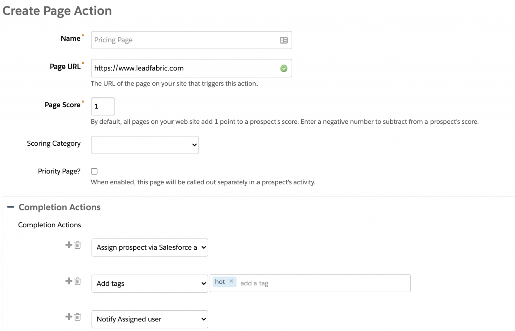 Pardot Completion Actions screenshot